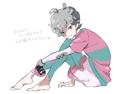 Rule 34 | 1boy, ahoge, arm support, barefoot, bede (pokemon), blue pants, closed mouth, creatures (company), curly hair, eyelashes, from side, full body, game freak, gloves, great ball, grey hair, holding, holding poke ball, knees up, looking at viewer, male focus, marutei2, nintendo, pants, pink gloves, pink shirt, poke ball, pokemon, pokemon swsh, purple eyes, shirt, short hair, short sleeves, simple background, sitting, smile, solo, translation request, white background