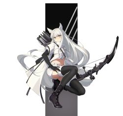 Rule 34 | 1girl, absurdres, animal ear fluff, animal ears, arknights, arrow (projectile), black footwear, black gloves, black thighhighs, blush, boots, bow (weapon), closed mouth, elbow gloves, full body, gloves, gradient background, high-waist skirt, highres, holding, holding bow (weapon), holding weapon, horse ears, knee boots, long hair, looking at viewer, navel, on one knee, platinum (arknights), quiver, revealing clothes, sareastars, short shorts, short sleeves, shorts, silver hair, skirt, solo, thighhighs, very long hair, weapon, white shorts, yellow eyes