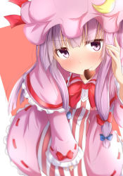 Rule 34 | 1girl, blue bow, blush, bow, candy, capelet, chocolate, chocolate heart, crescent, crescent hair ornament, dress, food, hair bow, hair ornament, hat, heart, leaning forward, mob cap, mouth hold, patchouli knowledge, purple eyes, purple hair, ram hachimin, red bow, ribbon trim, sidelocks, solo, striped clothes, striped dress, touhou, valentine