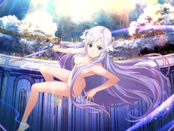Rule 34 | 1girl, ass, breasts, choker, cleavage, closed mouth, collarbone, completely nude, feet out of frame, floating hair, game cg, gradient hair, hair censor, hair over breasts, holding, holding sword, holding weapon, lens flare, light smile, long hair, looking at viewer, multicolored hair, nude, parted bangs, purple eyes, purple hair, quinella, sideboob, silver hair, solo, straight hair, sunlight, sword, sword art online, sword art online: alicization, sword art online: alicization rising steel, sword art online: unleashed blading, very long hair, weapon, white choker, white legwear