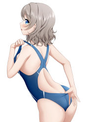 Rule 34 | 1girl, adjusting clothes, adjusting swimsuit, ass, back, blue eyes, blue one-piece swimsuit, blush, breasts, clothes pull, competition swimsuit, grey hair, leaning forward, looking at viewer, looking back, love live!, love live! sunshine!!, medium breasts, miel (lessontome), one-piece swimsuit, open mouth, short hair, simple background, solo, swimsuit, swimsuit pull, watanabe you, white background