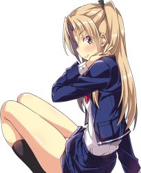 Rule 34 | 1girl, alternate costume, azur lane, black socks, blazer, blonde hair, blue jacket, blue skirt, cleveland (azur lane), commentary request, dress shirt, from side, hair intakes, highres, jacket, kneehighs, long hair, long sleeves, looking at viewer, looking to the side, macaroni hourensou, one side up, open clothes, open jacket, panties, pantyshot, pleated skirt, red eyes, shirt, simple background, sitting, skirt, smile, socks, solo, underwear, white background, white panties, white shirt