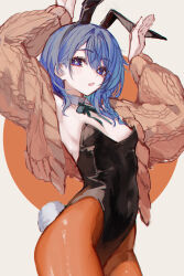 Rule 34 | 1girl, absurdres, animal ears, blue eyes, blue hair, blush, breasts, fake animal ears, hair between eyes, hashtag-only commentary, highres, hololive, hoshimachi suisei, leotard, looking at viewer, naokomama, open mouth, playboy bunny, side ponytail, small breasts, solo, star (symbol), star in eye, symbol in eye, virtual youtuber