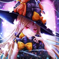 Rule 34 | 1girl, abigail williams (fate), abigail williams (second ascension) (fate), bad id, bad pixiv id, black hat, blonde hair, bow, bug, butterfly, fate/grand order, fate (series), floating hair, hat, insect, long hair, looking at viewer, nyamaso, parted bangs, print bow, purple bow, red eyes, sleeveless, smile, solo, star (symbol), star print, stuffed animal, stuffed toy, teddy bear, upper body, very long hair, witch hat, yellow bow