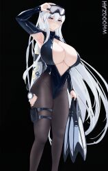 Rule 34 | 1girl, absurdres, armpit cutout, armpits, artist name, azur lane, black background, blush, breasts, center opening, cleavage, cleavage cutout, clothing cutout, diving suit, enterprise (azur lane), enterprise (diving under blue skies) (azur lane), eyebrows hidden by hair, flippers, full body, goggles, goggles on head, hair between eyes, highres, holding flippers, large breasts, long hair, oxygen tank, pantyhose, pantyhose under swimsuit, purple eyes, sidelocks, simple background, solo, swimsuit, thigh strap, torn clothes, torn pantyhose, white hair, whooozah