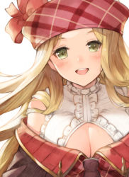Rule 34 | 1girl, :d, bad id, bad pixiv id, bare shoulders, blonde hair, blush, breasts, cleavage, cleavage cutout, clothing cutout, commentary request, diola (granblue fantasy), frilled shirt, frills, granblue fantasy, green eyes, has bad revision, hat, hat ribbon, koretsuki azuma, large breasts, long hair, looking at viewer, off shoulder, open mouth, pink ribbon, red hat, ribbon, shirt, simple background, smile, solo, upper body, white background, white shirt