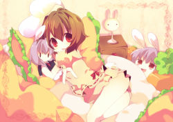 Rule 34 | 1girl, ana (rznuscrf), animal ears, bad anatomy, bad id, bad pixiv id, bed, blush, brown hair, character doll, child, doll, female focus, inaba tewi, lamp, legs, looking back, pillow, purple hair, rabbit ears, rabbit girl, rabbit tail, red eyes, reisen udongein inaba, solo, tail, thighs, touhou, yukkuri shiteitte ne
