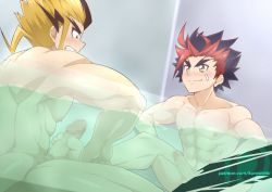 Rule 34 | 00s, 10s, 2boys, abs, barefoot, erection, feet, footjob, fuchigami boruto, future card buddyfight, male focus, mikado gaou, multicolored hair, multiple boys, muscular, nipples, nude, penis, same-sex bathing, shared bathing, smile, steam, teeth, toes, water, wet, wince, yaoi