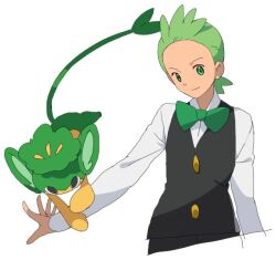 Rule 34 | 1boy, black vest, bow, bowtie, buttons, cilan (pokemon), closed mouth, commentary request, creatures (company), game freak, gen 5 pokemon, green bow, green bowtie, green eyes, green hair, long sleeves, looking at viewer, male focus, miyawaki, nintendo, no sclera, outstretched arm, pansage, pokemon, pokemon (anime), pokemon (creature), pokemon bw (anime), pokemon on arm, shirt, short hair, simple background, smile, vest, white background, white shirt