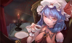 Rule 34 | 1girl, absurdres, blue hair, candle, candlestand, choker, cup, hair between eyes, hat, highres, holding, holding cup, looking at viewer, medium hair, mob cap, nishimachi snow, plate, pointy ears, red eyes, red ribbon, remilia scarlet, ribbon, solo, tea, teacup, touhou, upper body, white hat, wrist cuffs