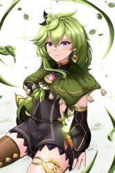 Rule 34 | 1girl, absurdres, black dress, cape, collei (genshin impact), dress, earrings, genshin impact, green hair, hair ornament, highres, jewelry, long hair, looking at viewer, musanix, purple eyes, ring, simple background, sitting, smile, thighs, vision (genshin impact)