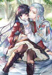 1boy 1girl black_eyes black_hair black_pantyhose boots braid brown_eyes copyright_request cover cover_page cross-laced_footwear frilled_skirt frills gloves hand_on_another&#039;s_face hetero highres jacket kaguyuzu long_hair novel_cover official_art outdoors pantyhose petticoat sitting skirt sunlight water white_hair