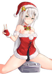 Rule 34 | 1girl, bad id, bad pixiv id, bare shoulders, bow, box, breasts, christmas, cleavage, dress, elbow gloves, girls&#039; frontline, gloves, green eyes, hair bow, hat, lipstick, long hair, looking at viewer, makeup, medium breasts, minn (kangjm1107), official alternate costume, santa costume, santa gloves, santa hat, sitting, sitting on object, smile, solo, svd (girls&#039; frontline), svd (winter fairy) (girls&#039; frontline), tight clothes, tongue, tongue out, v, white background, white hair