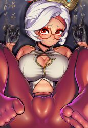 Rule 34 | 1girl, bare shoulders, black gloves, blush, breasts, cleavage, cleavage cutout, closed mouth, clothing cutout, eyeshadow, feet up, female focus, from above, glasses, gloves, highres, large breasts, looking at viewer, lying, makeup, max (maxlikeapicture), nintendo, on back, pantyhose, purah, red-framed eyewear, red eyes, red pantyhose, round eyewear, shirt, short hair, sleeveless, smile, solo, spread legs, the legend of zelda, the legend of zelda: tears of the kingdom, thighs, white hair, white shirt