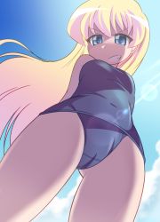 Rule 34 | 1girl, arms behind back, blonde hair, blue eyes, cameltoe, cloud, cloudy sky, day, from below, grin, laika (pixiv), lens flare, long hair, looking at viewer, looking down, one-piece swimsuit, pani poni dash!, rebecca miyamoto, school swimsuit, sky, smile, solo, swimsuit, teeth