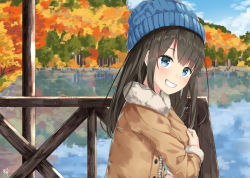 Rule 34 | 1girl, :d, autumn, autumn leaves, beanie, black hair, blue eyes, blue hat, blue sky, blurry, cloud, cloudy sky, commentary request, day, depth of field, from side, fur trim, hat, head tilt, horizon, jacket, lake, leaf, long hair, looking at viewer, maple leaf, miko fly, open mouth, original, outdoors, reflection, sky, smile, solo, tree