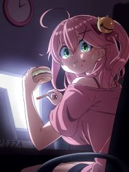 Rule 34 | 1girl, ahoge, bare shoulders, bell, blush, breasts, burger, chair, clock, eating, food, food on face, french fries, green eyes, hair bell, hair between eyes, hair ornament, hairclip, highres, hololive, kay yu, large breasts, long hair, looking at viewer, looking back, night, one side up, pink hair, pink shirt, pizza box, sakura miko, screen light, shirt, shorts, solo, sweatdrop, virtual youtuber, x hair ornament