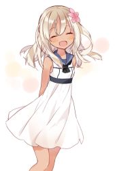 Rule 34 | 10s, 1girl, :d, ^ ^, arms behind back, blush, breasts, closed eyes, cowboy shot, dress, closed eyes, flower, hair flower, hair ornament, head tilt, kantai collection, long hair, naoto (tulip), open mouth, ro-500 (kancolle), sailor dress, simple background, small breasts, smile, solo, tan, tanline, white background, white dress, white hair