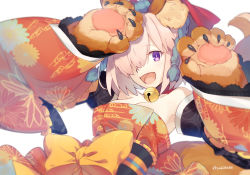 Rule 34 | 1girl, alternate costume, animal ears, animal hands, bare shoulders, bell, commentary request, cosplay, detached sleeves, fake animal ears, fake tail, fate/grand order, fate (series), fox ears, fox tail, gloves, hair over one eye, jam8686, japanese clothes, jingle bell, kimono, light purple hair, mash kyrielight, mash kyrielight (smiling glory day), mixed-language commentary, neck bell, obi, one eye covered, open mouth, orange kimono, paw gloves, purple eyes, sash, short hair, smile, solo, tail, tamamo (fate), tamamo cat (fate), tamamo cat (fate) (cosplay), tongue, twitter username, upper body, white background, wide sleeves