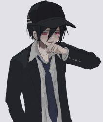 Rule 34 | 1boy, :d, ahoge, black hair, black hat, black jacket, collarbone, collared shirt, danganronpa (series), danganronpa v3: killing harmony, formal, grey background, hair between eyes, hand up, hat, iumi urura, jacket, long sleeves, looking at viewer, male focus, necktie, official alternate costume, open clothes, open jacket, open mouth, red eyes, saihara shuichi, shirt, short hair, simple background, smile, solo, upper body, white shirt