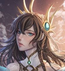 Rule 34 | 1girl, absurdres, artist name, black hair, blue eyes, braid, brown sky, cloud, collar, dated, day, detached collar, divine sword irelia, hair between eyes, hair ornament, highres, irelia, league of legends, long hair, looking at viewer, mamori, outdoors, parted lips, portrait, solo