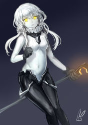 Rule 34 | 10s, abyssal ship, black gloves, gloves, glowing, glowing eyes, kantai collection, kirigaku luo, looking at viewer, no headwear, pale skin, short hair, short hair with long locks, solo, staff, white hair, wo-class aircraft carrier, yellow eyes