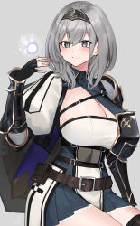 Rule 34 | 1girl, belt, black gloves, black thighhighs, blush, breasts, cleavage, closed mouth, crossed bangs, fingerless gloves, gloves, grey background, grey eyes, grey hair, hair ornament, hayabusa, highres, hololive, large breasts, long sleeves, medium hair, mole, mole on breast, pouch, shirogane noel, shirogane noel (1st costume), simple background, smile, solo, thighhighs, virtual youtuber