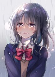 Rule 34 | 1girl, absurdres, black hair, blazer, blue jacket, blurry, blurry background, blush, bow, bowtie, brown cardigan, brown eyes, cardigan, city lights, commentary request, crying, crying with eyes open, grey sky, hair between eyes, half-closed eyes, highres, jacket, long hair, loose bowtie, loose neck ribbon, medium hair, messy hair, neck ribbon, original, outdoors, parted bangs, parted lips, pleated blazer, pleated shirt, rain, red bow, red bowtie, red ribbon, ribbon, sad, school uniform, shigure0730, shirt, sidelocks, sky, solo, teardrop, tearing up, tears, water drop, wet, wet clothes, wet face, white shirt