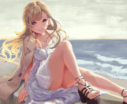 Rule 34 | 1girl, album cover, arm support, ass, beige jacket, black footwear, blush, closed mouth, coat, collarbone, commentary request, cover, dress, earrings, high heels, highres, horizon, jacket, jewelry, long hair, ocean, okuma mai, open clothes, open jacket, original, outdoors, overcoat, purple eyes, sandals, sitting, smile, solo, stud earrings, very long hair, water, white dress