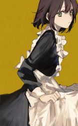 Rule 34 | 1girl, apron, black shirt, brown hair, closed mouth, dress, frilled dress, frills, green eyes, hair between eyes, long sleeves, looking to the side, maid, maid apron, mochiosamu ron, original, shirt, sidelocks, simple background, skirt hold, solo, white dress, yellow background