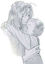 Rule 34 | 2boys, aged down, alphonse elric, blush, brothers, edward elric, eyelashes, fullmetal alchemist, greyscale, happy, hug, kiss, kissing forehead, long hair, long sleeves, male focus, monochrome, multiple boys, noako, ponytail, short hair, siblings, simple background, smile, time paradox, white background