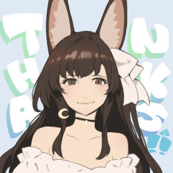 Rule 34 | 1girl, absurdres, animal ears, black choker, borrowed character, brown eyes, brown hair, chai (vtuber), choker, closed mouth, dress, fox ears, highres, indie virtual youtuber, long hair, looking at viewer, off-shoulder dress, off shoulder, ryota-h, smile, solo, thank you, upper body