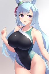 Rule 34 | 1girl, :d, animal ears, bare arms, bare shoulders, black one-piece swimsuit, blue hair, blunt bangs, braid, breasts, collarbone, competition swimsuit, covered navel, cowboy shot, crown braid, ear ornament, gradient background, grey background, groin, hand up, highres, horse ears, horse girl, impossible clothes, impossible swimsuit, large breasts, long hair, looking at viewer, mejiro ardan (umamusume), one-piece swimsuit, open mouth, pataneet, purple eyes, smile, solo, swimsuit, thigh gap, umamusume, very long hair