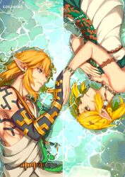 Rule 34 | 1boy, 1girl, archaic set (zelda), blonde hair, blue eyes, braid, crown braid, earrings, eorinamo, green eyes, hair ornament, highres, holding hands, in water, jewelry, link, lying, lying on water, necklace, nintendo, official alternate costume, official alternate hairstyle, parted bangs, partially submerged, pointy ears, princess zelda, shallow water, short hair, sidelocks, the legend of zelda, the legend of zelda: tears of the kingdom, water