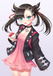 Rule 34 | 1girl, :d, asymmetrical bangs, backpack, bad id, bad pixiv id, bag, black choker, black hair, black jacket, breasts, choker, cleavage, collarbone, commentary request, creatures (company), dress, game freak, gradient background, green eyes, hair ribbon, highres, holding, holding poke ball, jacket, long hair, looking at viewer, marnie (pokemon), nintendo, open clothes, open jacket, open mouth, pink dress, poke ball, poke ball (basic), pokemon, pokemon swsh, purple background, red ribbon, ribbon, seungju lee, small breasts, smile, solo, twintails