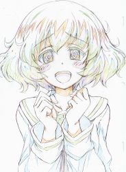 Rule 34 | 10s, 1girl, :d, absurdres, akiyama yukari, black neckerchief, blouse, blush stickers, brown eyes, brown hair, clenched hands, color trace, colored pencil (medium), commentary, girls und panzer, highres, kitazinger, long sleeves, looking at viewer, messy hair, neckerchief, ooarai school uniform, open mouth, school uniform, serafuku, shirt, short hair, sketch, smile, solo, traditional media, upper body, white shirt