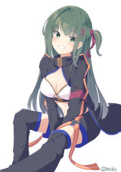 Rule 34 | 1girl, :d, absurdres, arms between legs, bandeau, black jacket, black shorts, black thighhighs, blush, breasts, cleavage, collared jacket, dot nose, feet out of frame, green eyes, green hair, grin, highres, idoly pride, invisible chair, jacket, knee up, komiyama ai, large breasts, long bangs, long hair, one side up, open mouth, raised eyebrows, rj edward (artist), shorts, sidelocks, simple background, sitting, smile, solo, straight hair, teeth, thighhighs, unzipped, watermark, white background, white bandeau