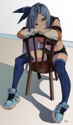 Rule 34 | 1girl, :&lt;, black bow, black shorts, black thighhighs, blue eyes, blue footwear, blue hair, borrowed character, bow, chair, closed mouth, commentary, crop top, foreshortening, gradient eyes, hair bow, hairband, highres, light blush, long hair, looking at viewer, midriff, bae minah (chaesu), multicolored eyes, original, parted bangs, rasetsu001, shadow, shoes, short shorts, shorts, sitting, sitting backwards, sneakers, solo, thighhighs, thighs