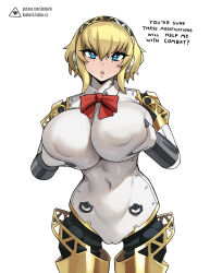 Rule 34 | 1girl, aegis (persona), alternate breast size, android, artist logo, blonde hair, blue eyes, breasts, bright pupils, cameltoe, commentary, covered erect nipples, covered navel, donburi (donburikazoku), english commentary, english text, eyebrows hidden by hair, fanbox username, foreshortening, grabbing own breast, hair between eyes, hairband, highres, huge breasts, joints, legs apart, looking at viewer, neck ribbon, patreon username, persona, persona 3, red ribbon, ribbon, robot joints, short hair, sidelocks, simple background, solo, teeth, two-tone hairband, upper teeth only, watermark, web address, white background, white pupils