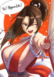 Rule 34 | 1girl, breasts, cleavage, female focus, hand fan, highres, holding, holding fan, large breasts, long hair, ninja, one eye closed, open mouth, ponytail, shiranui mai, sideboob, signature, simple background, smile, snk, solo, speech bubble, the king of fighters, twitter username, wink
