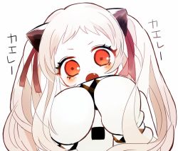 Rule 34 | 10s, 1girl, abyssal ship, alternate hairstyle, bad id, bad pixiv id, bow, colored skin, dress, fang, hair bow, hair ribbon, horns, kantai collection, long hair, looking at viewer, mittens, northern ocean princess, open mouth, orange eyes, pomu (pompom o), ribbon, simple background, single horn, sketch, solo, translation request, twintails, white background, white dress, white hair, white skin