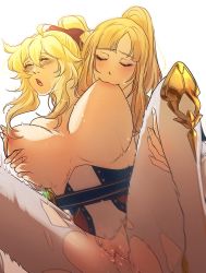 Rule 34 | 2girls, :o, blonde hair, blush, grabbing another&#039;s breast, breast sucking, breasts, closed eyes, ellin (genshin impact), futa with female, futanari, genshin impact, grabbing, grabbing from behind, jean (genshin impact), large breasts, leg grab, multiple girls, nipples, open mouth, penis, ponytail, sex, sex from behind, simple background, torn clothes, vaginal, veins, veiny penis, white background
