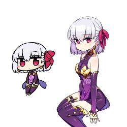 Rule 34 | 1girl, albino, breasts, chan co, chibi, dress, earrings, fate/grand order, fate (series), gold, hair ribbon, jewelry, kama (fate), kama (first ascension) (fate), kneehighs, leggings, looking at viewer, pantyhose, purple dress, red eyes, ribbon, socks, solo, thighhighs, white hair