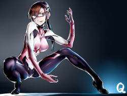 Rule 34 | 10s, 1girl, :p, blue eyes, bodysuit, breasts, brown hair, evangelion: 3.0 you can (not) redo, glasses, hairband, large breasts, long hair, makinami mari illustrious, neon genesis evangelion, plugsuit, rebuild of evangelion, red-framed eyewear, solo, squatting, tight clothes, tongue, tongue out, twinpoo, twintails