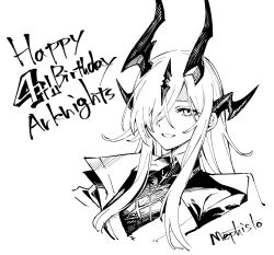 Rule 34 | 1girl, arknights, copyright name, dragon girl, eblana (arknights), english text, greyscale, grin, hair over one eye, happy anniversary, highres, horns, long hair, looking at viewer, mephisto (angraecum), monochrome, parted lips, portrait, sidelocks, signature, simple background, sketch, smile, solo