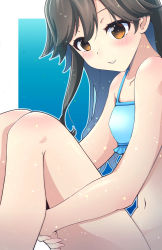 Rule 34 | 1girl, arashio (kancolle), blue background, breasts, brown eyes, brown hair, hair between eyes, kamo nabe, kantai collection, legs together, long hair, looking at viewer, simple background, small breasts, solo, white background