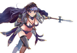 Rule 34 | 1girl, armor, asymmetrical gloves, bikini armor, black gloves, black thighhighs, breasts, cape, cleavage, closed mouth, clothes grab, clover, elbow gloves, eyelashes, fingerless gloves, floating cape, floating clothes, floating hair, four-leaf clover, gloves, highres, holding, holding polearm, holding weapon, left-handed, long hair, looking at viewer, medium breasts, mouth hold, navel, polearm, purple armor, purple eyes, purple hair, ragnarok online, royal guard (ragnarok online), sail (sail-away), shoulder armor, simple background, single fingerless glove, smile, solo, spear, thighhighs, weapon, white background