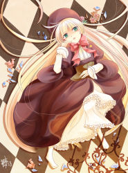 Rule 34 | 1girl, blonde hair, candy, checkered floor, chisakura, dress, female focus, finger to mouth, floor, flower, food, full body, gosick, gothic lolita, green eyes, hat, lolita fashion, long hair, lying, no shoes, on back, open mouth, plant, solo, very long hair, victorica de blois
