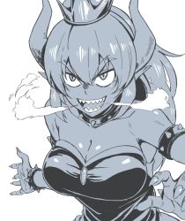 Rule 34 | 1girl, armlet, bare shoulders, bowsette, bracelet, breasts, breath, breath weapon, breathing fire, cleavage, collar, crown, dress, earrings, fire, greyscale, highres, horns, jewelry, large breasts, long hair, looking at viewer, mario (series), monochrome, natsumi chorisuke, new super mario bros. u deluxe, nintendo, open mouth, pointy ears, sharp teeth, simple background, solo, spiked armlet, spiked bracelet, spiked collar, spikes, strapless, strapless dress, super crown, teeth, upper body, white background