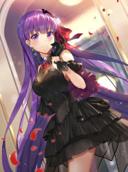 Rule 34 | 1girl, bare shoulders, bb (fate), bb (fate/extra), black dress, black gloves, blush, breasts, brooch, closed mouth, dress, earrings, fate/extra, fate/extra ccc, fate (series), gloves, hair ornament, hair ribbon, highres, jewelry, large breasts, long hair, looking at viewer, neck ribbon, petals, purple eyes, purple hair, red ribbon, renka (renkas), ribbon, smile, thighs, very long hair